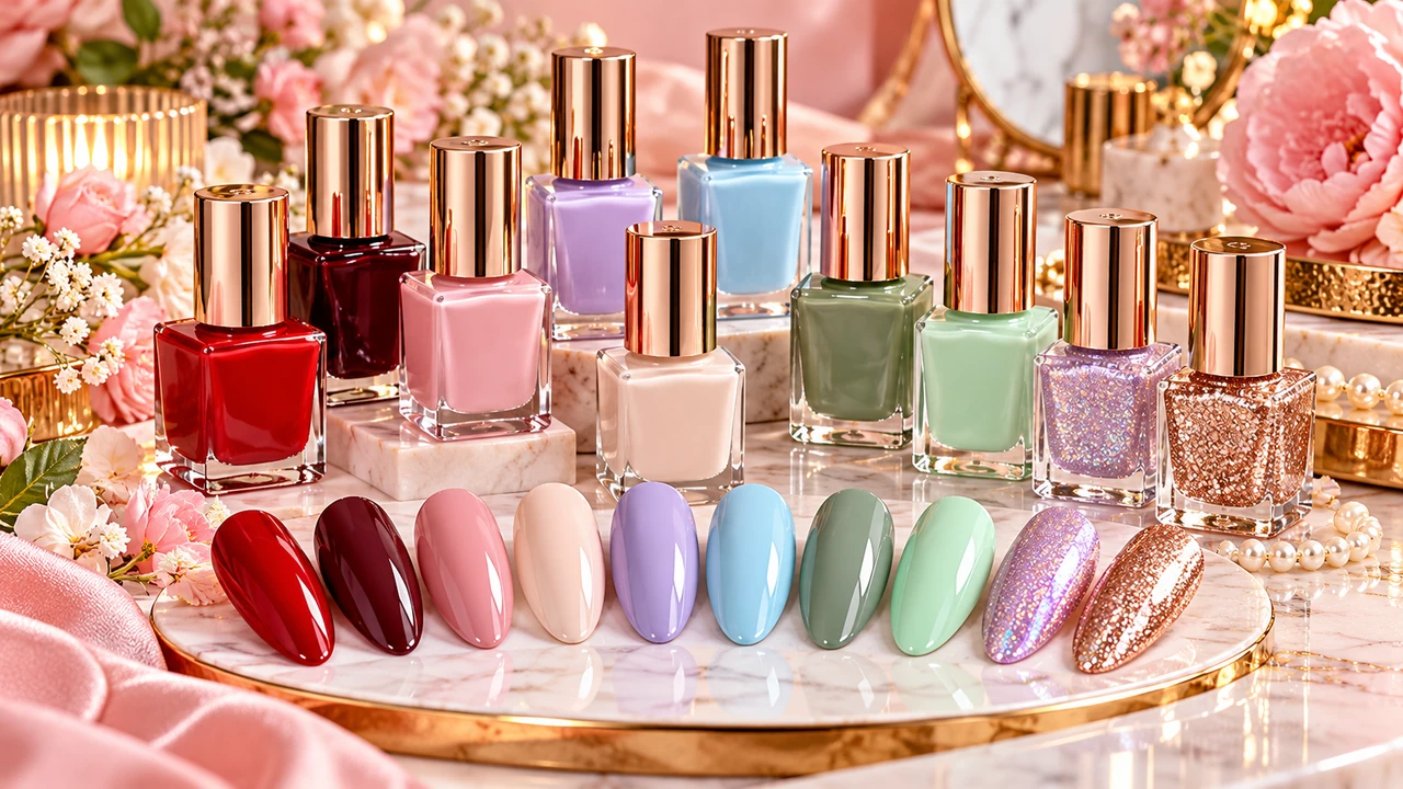 Ten trending nail polish shades for 2026 with glossy color swatches and luxury beauty styling