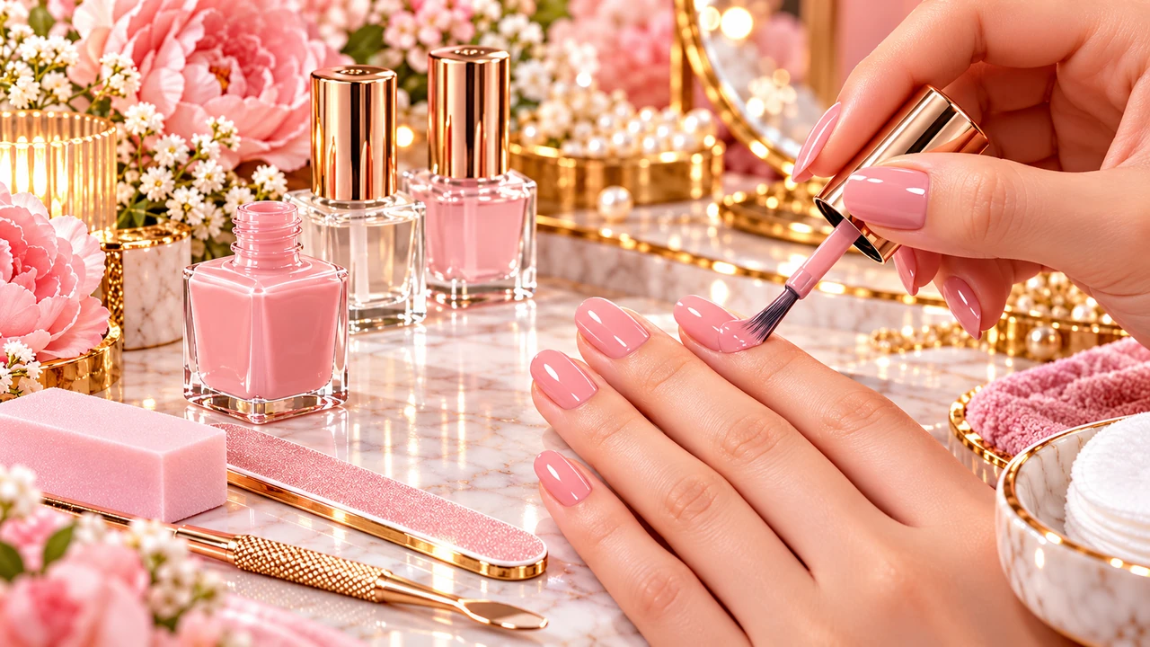 Applying glossy pink nail polish neatly at home with professional manicure tools