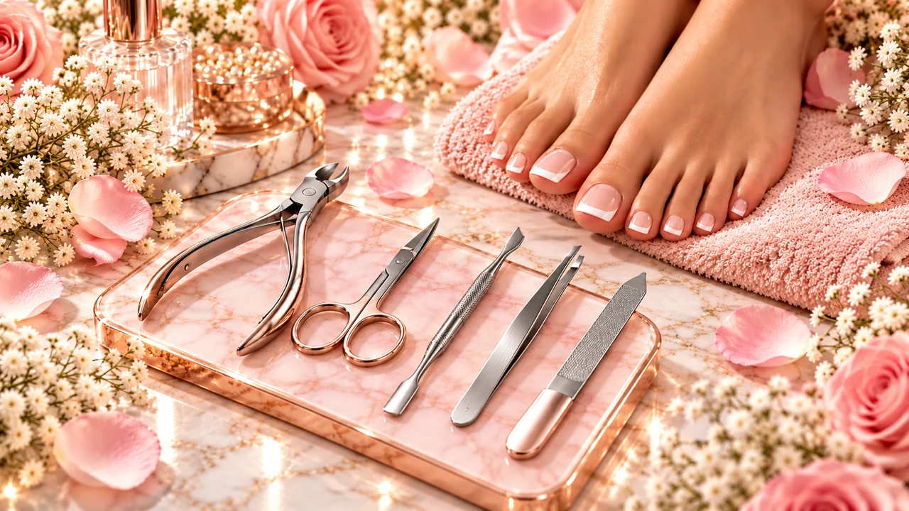 Luxury pedicure tools, nail polish and toenail decoration concepts on a blush background