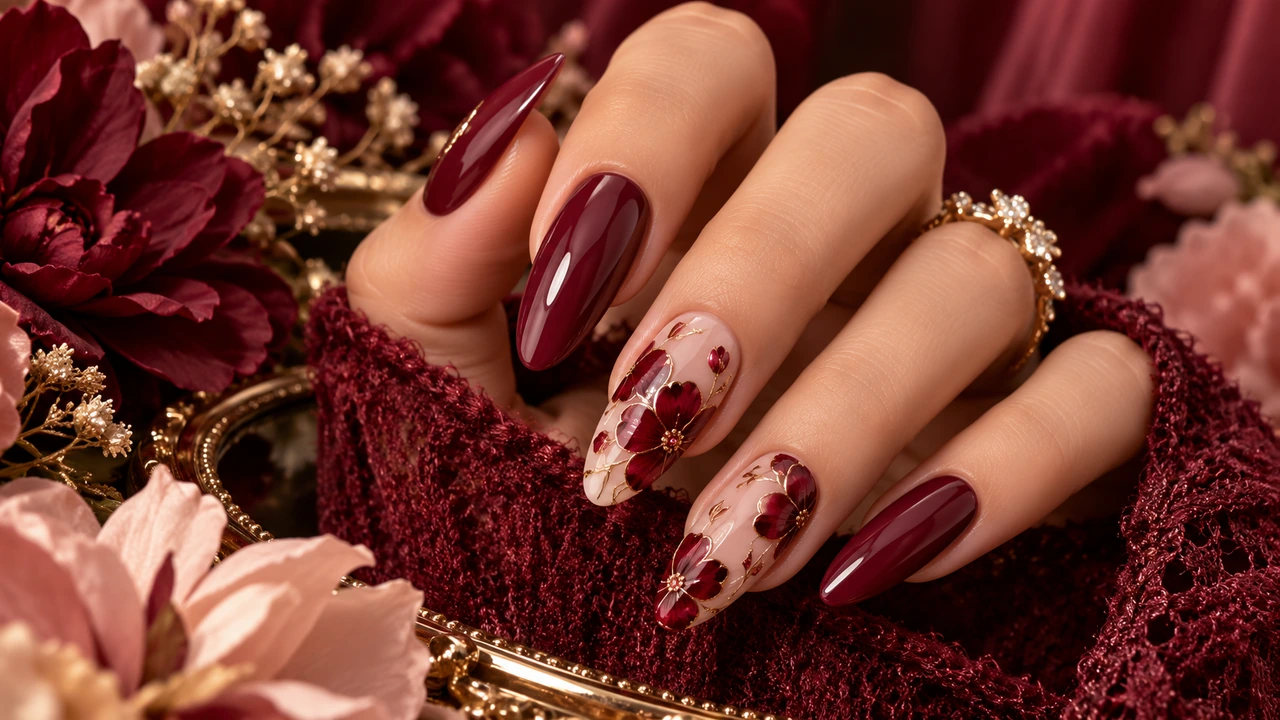 Illustrative image: Burgundy Floral Press-On Nails for Statement Looks